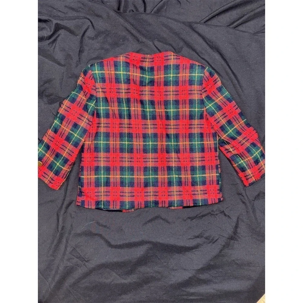 Imp Originals Vintage Girls Red Plaid Tartan Blazer Jacket Size 4 Holiday Gold